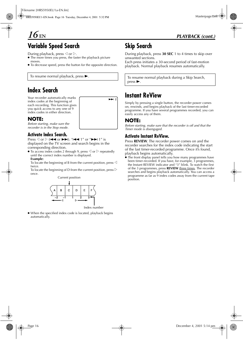 Variable speed search, Index search, Skip search | Instant review, Playback (cont.), Activate index search, Activate instant review | JVC 0302MNV*ID*JVE User Manual | Page 16 / 56