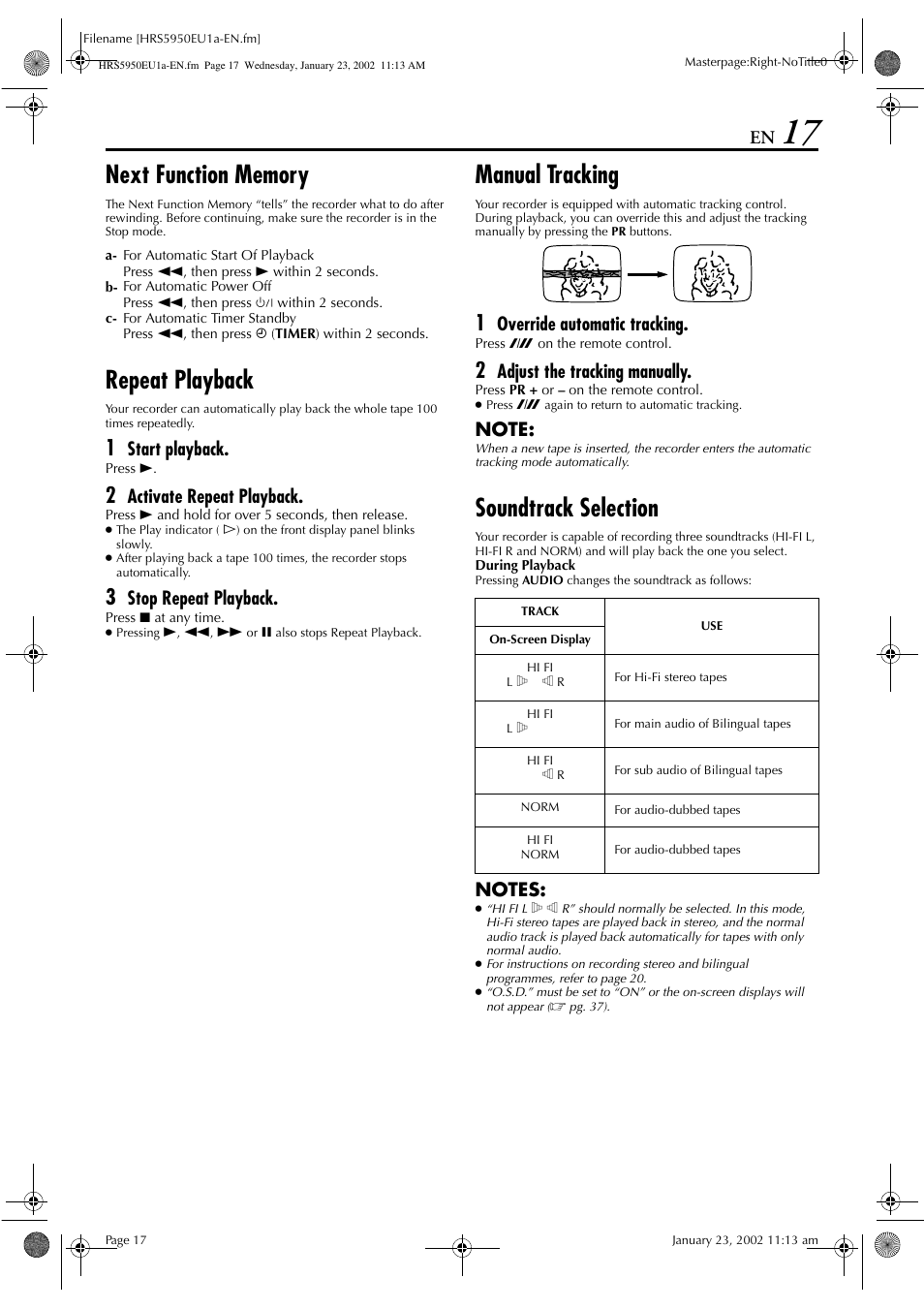 Repeat playback, Manual tracking, Soundtrack selection | Start playback, Activate repeat playback, Stop repeat playback, Override automatic tracking, Adjust the tracking manually | JVC 0302MNV*ID*JVE User Manual | Page 17 / 56