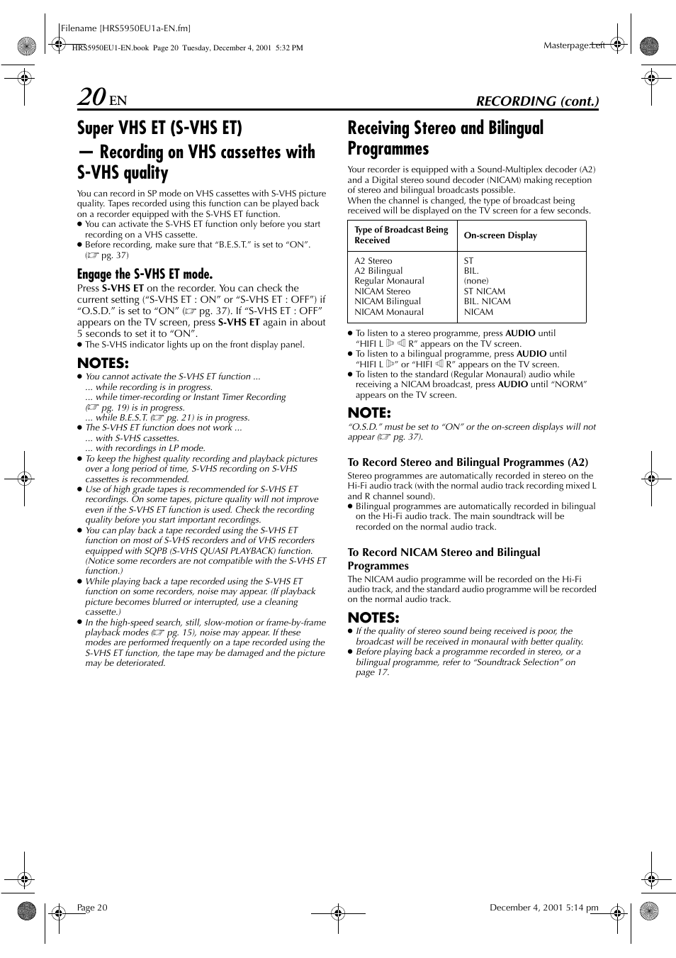 Receiving stereo and bilingual programmes, Recording (cont.), Engage the s-vhs et mode | JVC 0302MNV*ID*JVE User Manual | Page 20 / 56