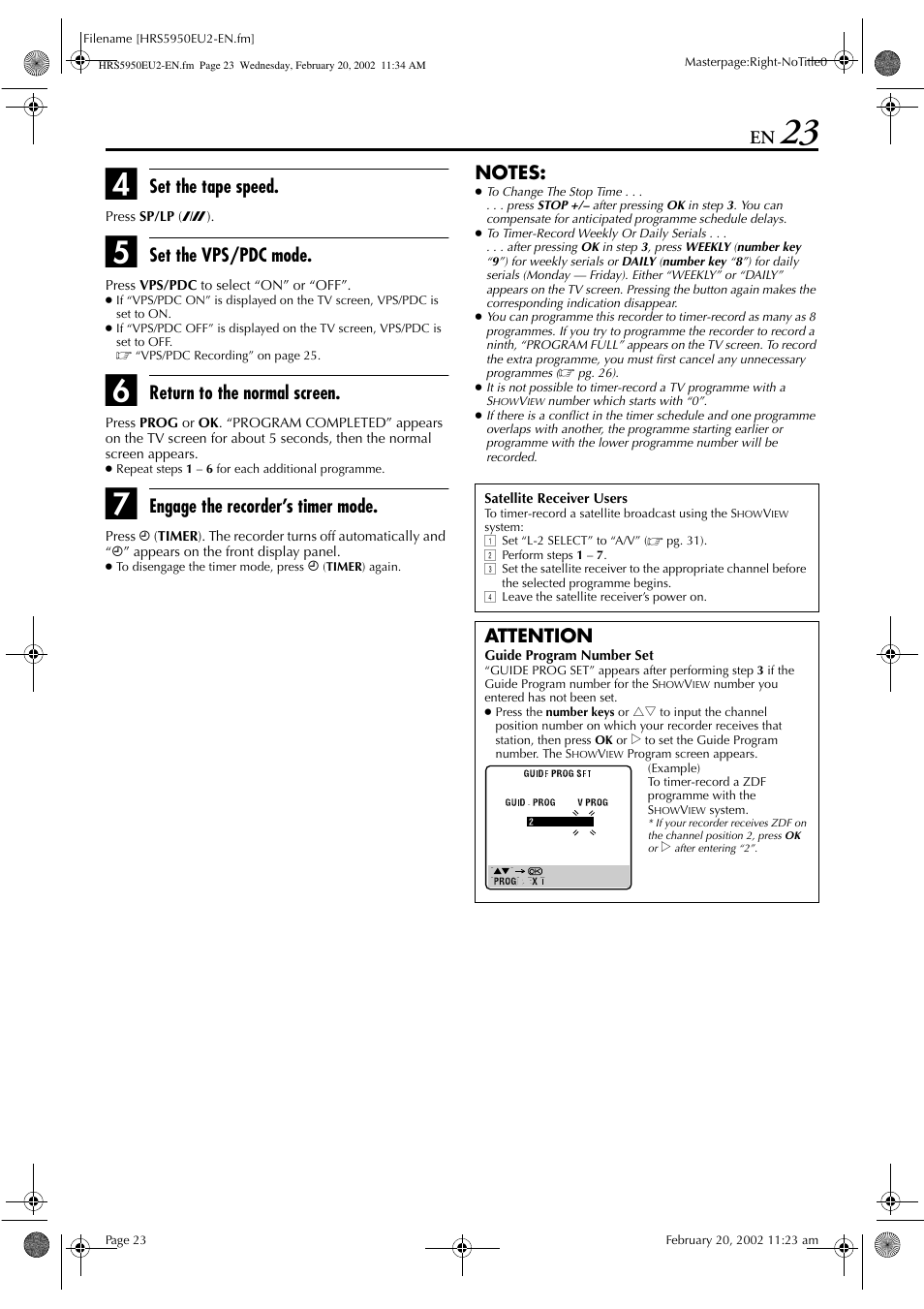 Set the tape speed, Set the vps/pdc mode, Return to the normal screen | Engage the recorder’s timer mode, Attention | JVC 0302MNV*ID*JVE User Manual | Page 23 / 56