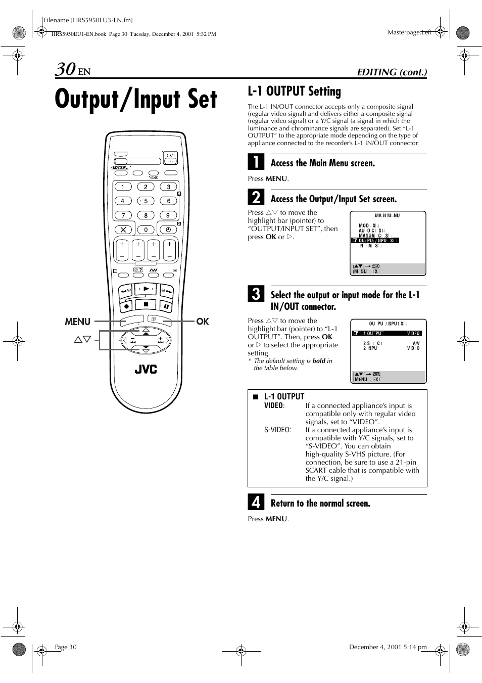 Output/input set, L-1 output setting | JVC 0302MNV*ID*JVE User Manual | Page 30 / 56