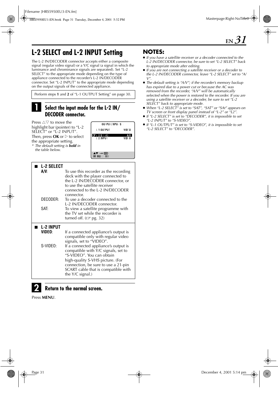 L-2 select and l-2 input setting, Return to the normal screen | JVC 0302MNV*ID*JVE User Manual | Page 31 / 56