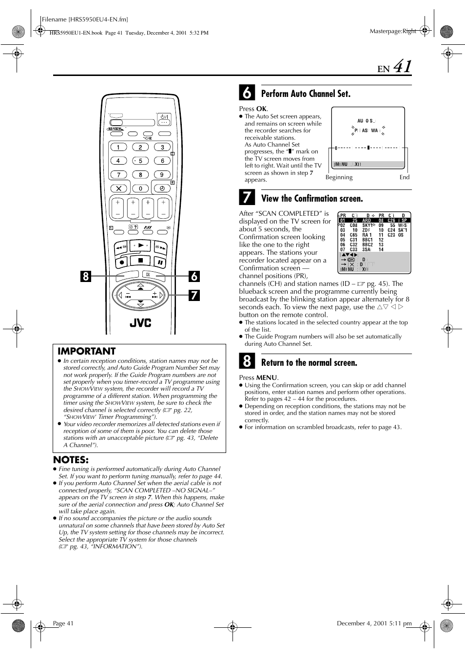 Perform auto channel set, View the confirmation screen, Return to the normal screen | Important | JVC 0302MNV*ID*JVE User Manual | Page 41 / 56