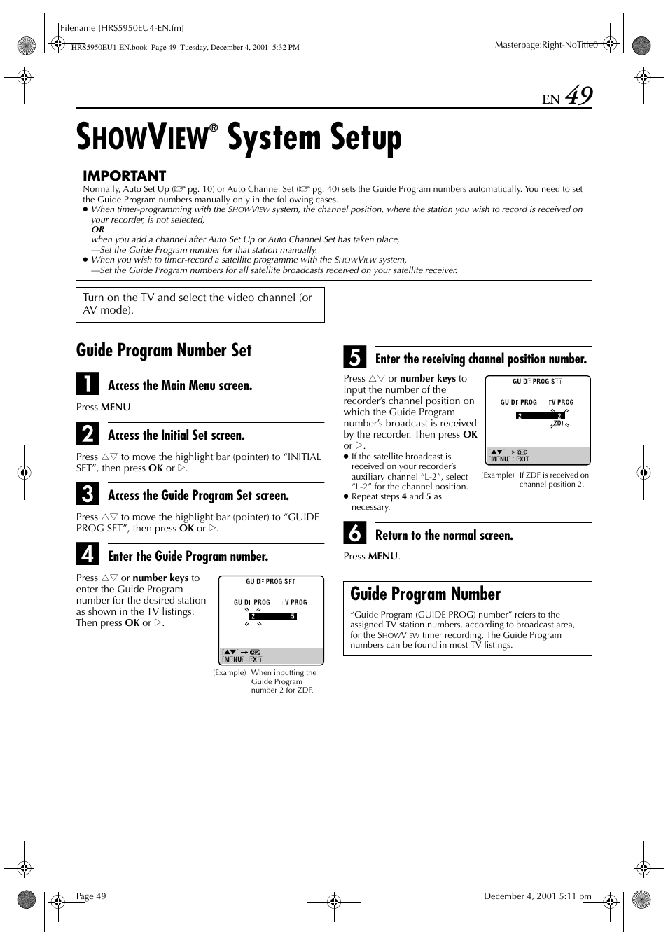 System setup, Guide program number set, Guide program number | JVC 0302MNV*ID*JVE User Manual | Page 49 / 56