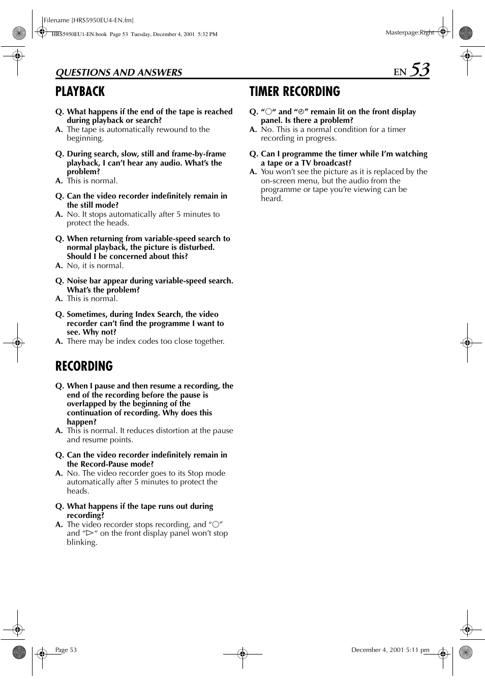 Playback, Recording, Timer recording | JVC 0302MNV*ID*JVE User Manual | Page 53 / 56
