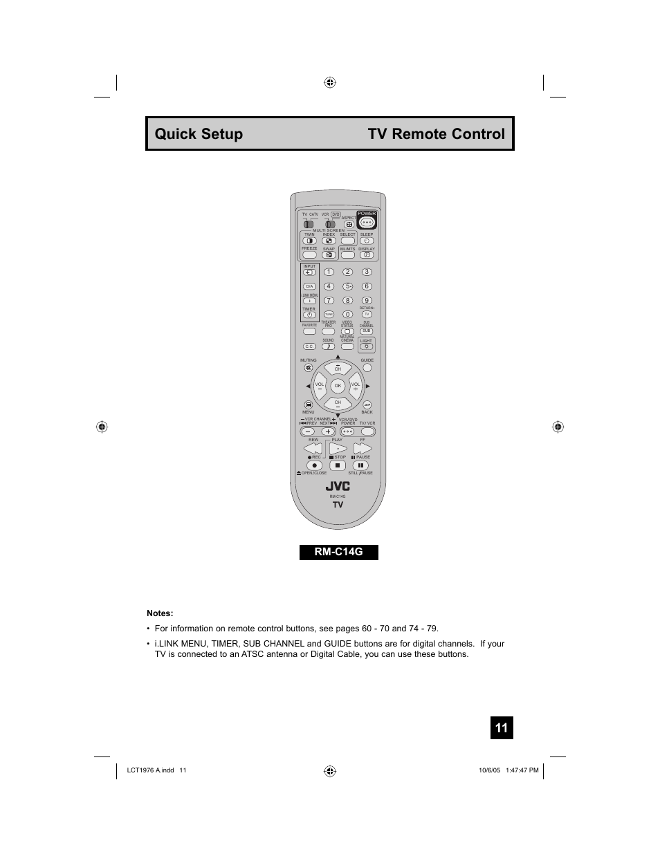 Tv remote control, Quick setup tv remote control, Rm-c14g | JVC 1005TNH-II-IM User Manual | Page 11 / 96