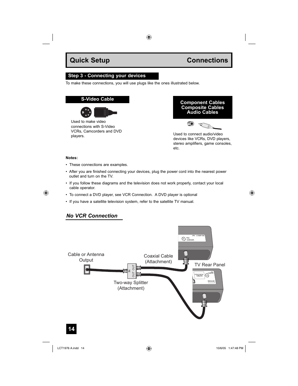 Connections, Quick setup connections, No vcr connection | JVC 1005TNH-II-IM User Manual | Page 14 / 96