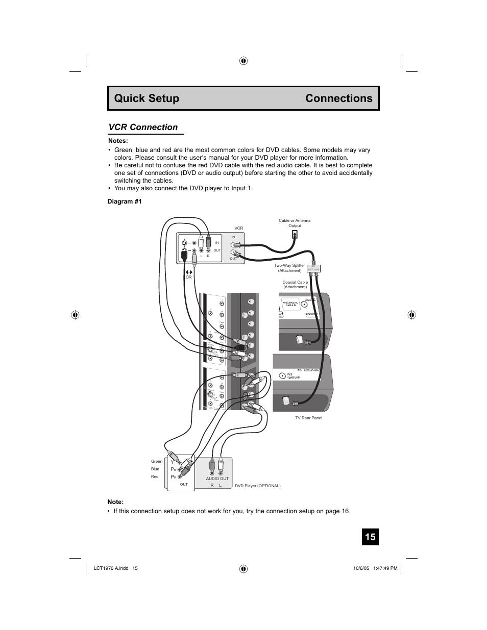 Quick setup connections, Vcr connection | JVC 1005TNH-II-IM User Manual | Page 15 / 96