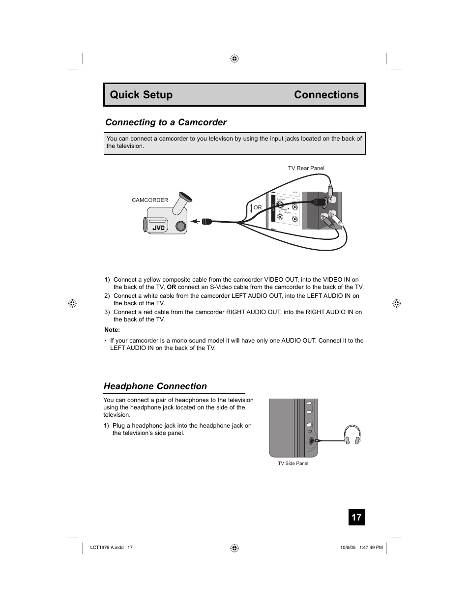 Quick setup connections, Connecting to a camcorder headphone connection | JVC 1005TNH-II-IM User Manual | Page 17 / 96