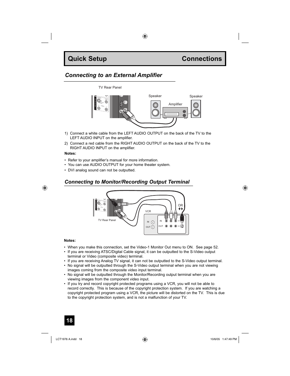 Quick setup connections, Connecting to an external amplifier, Connecting to monitor/recording output terminal | JVC 1005TNH-II-IM User Manual | Page 18 / 96