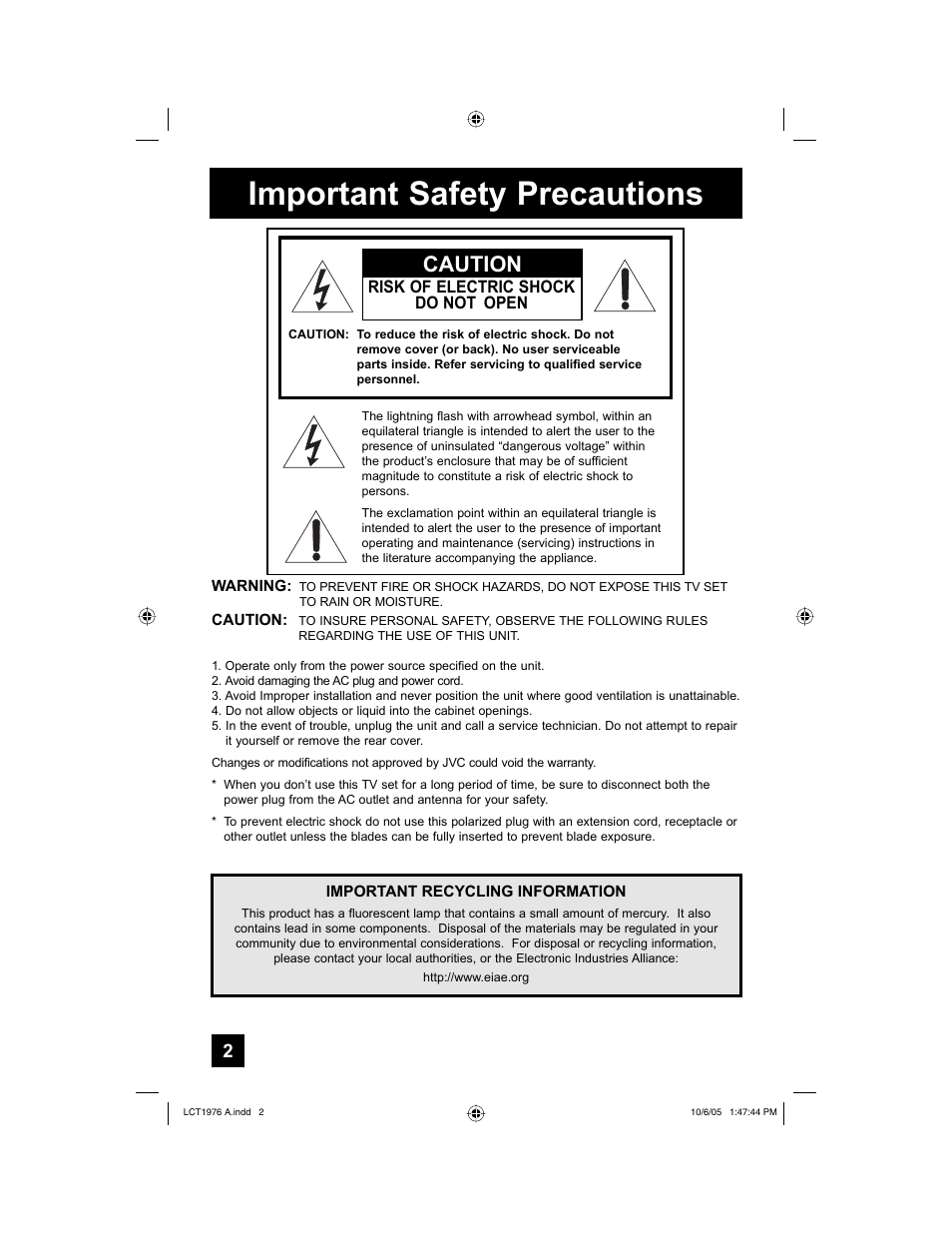 Important safety precautions, Caution, Risk of electric shock do not open | JVC 1005TNH-II-IM User Manual | Page 2 / 96