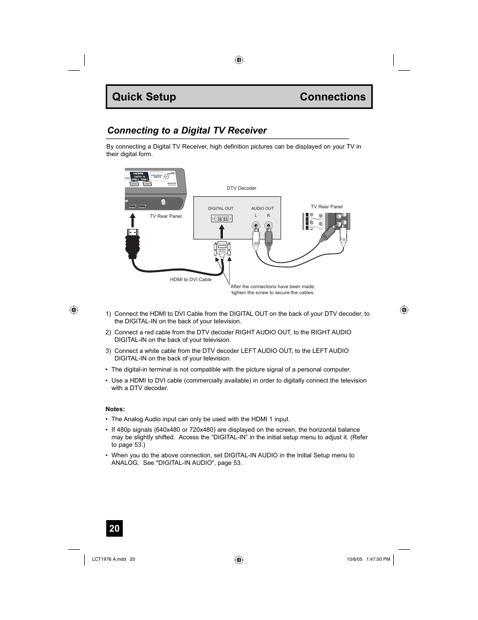 Quick setup connections, Connecting to a digital tv receiver | JVC 1005TNH-II-IM User Manual | Page 20 / 96