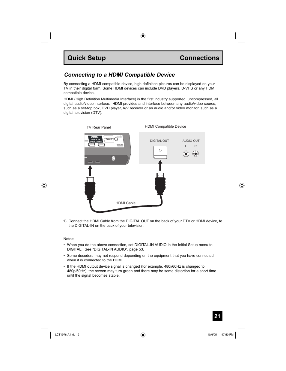 Quick setup connections, Connecting to a hdmi compatible device | JVC 1005TNH-II-IM User Manual | Page 21 / 96