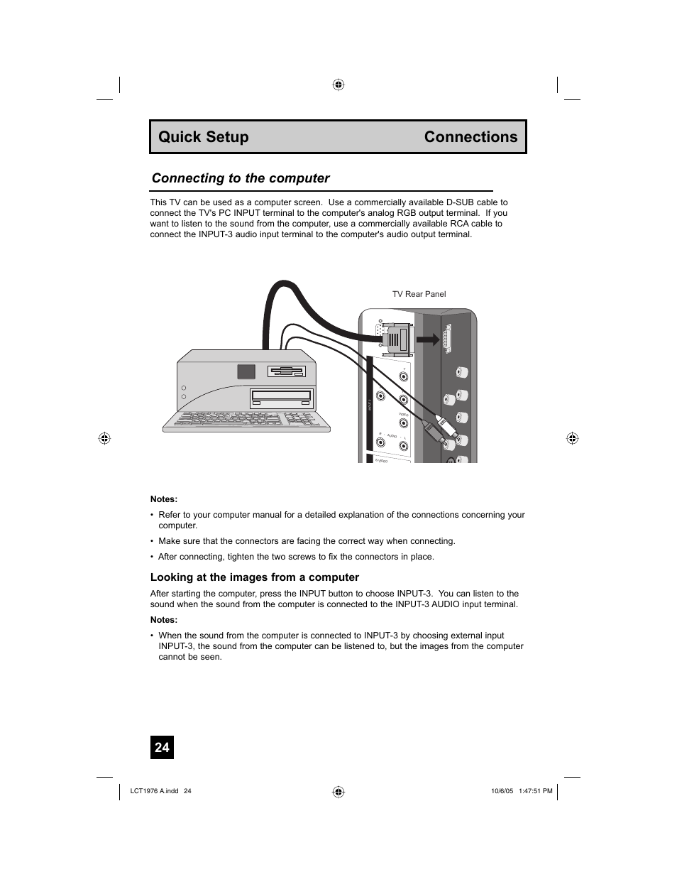 Quick setup connections, Connecting to the computer, Looking at the images from a computer | JVC 1005TNH-II-IM User Manual | Page 24 / 96