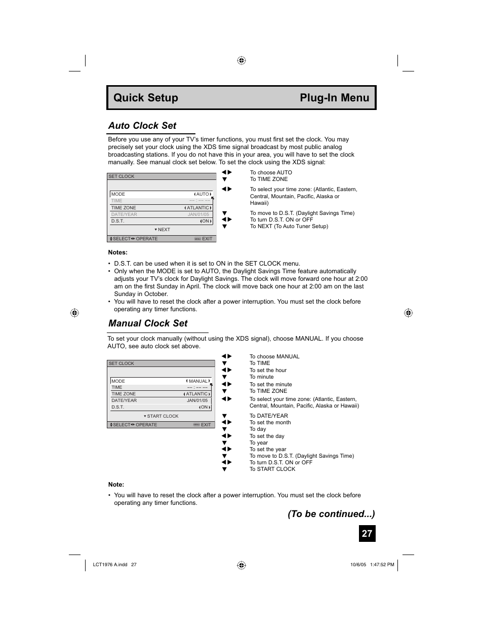 Quick setup plug-in menu, Manual clock set, Auto clock set (to be continued...) | JVC 1005TNH-II-IM User Manual | Page 27 / 96