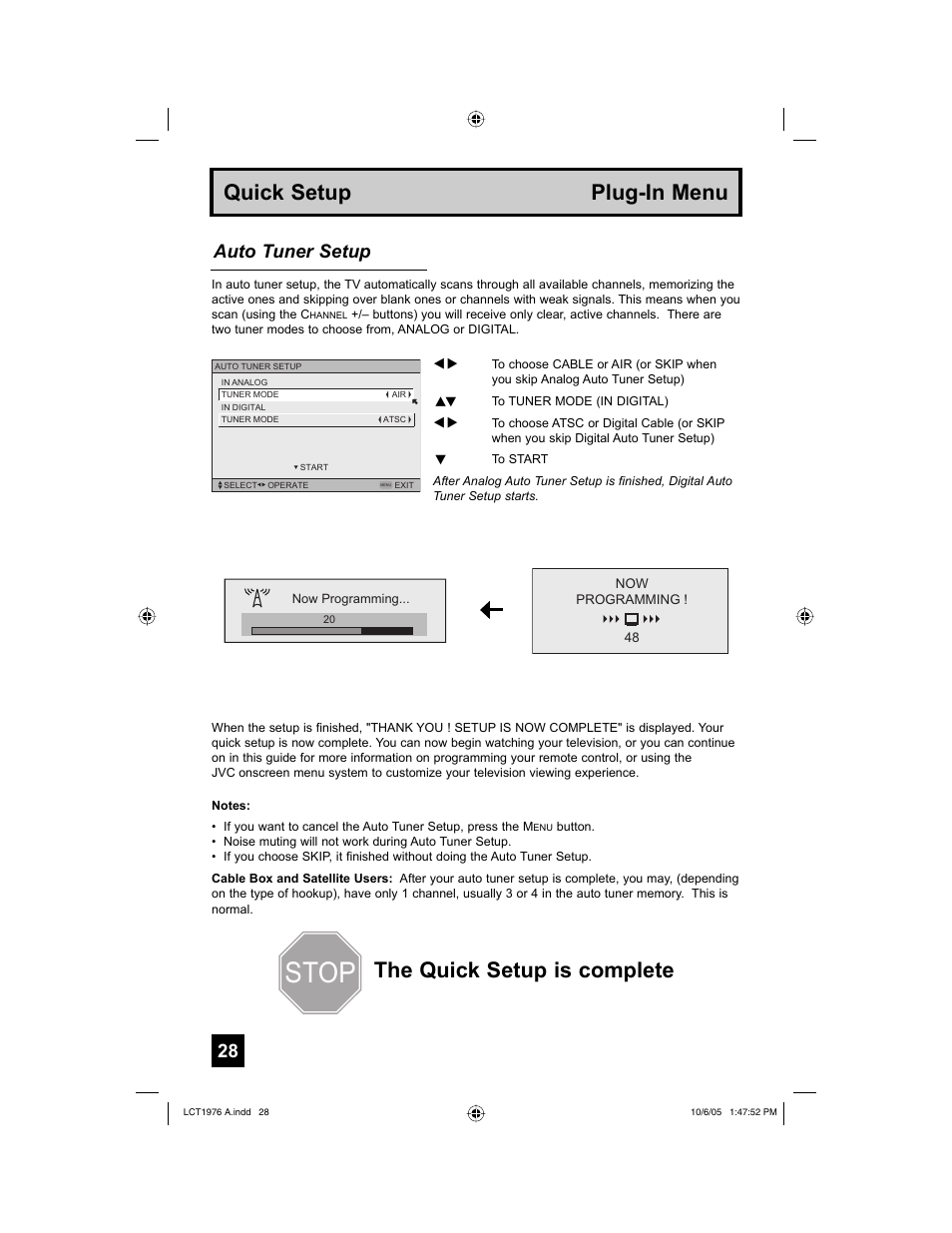 Stop, Auto tuner setup | JVC 1005TNH-II-IM User Manual | Page 28 / 96