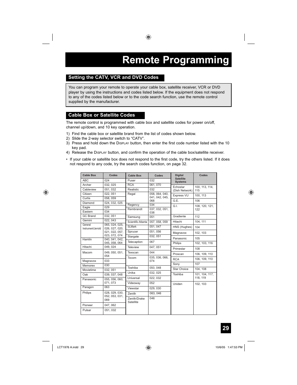 Remote programming, Setting the catv, vcr and dvd codes, Cable box or satellite codes | JVC 1005TNH-II-IM User Manual | Page 29 / 96