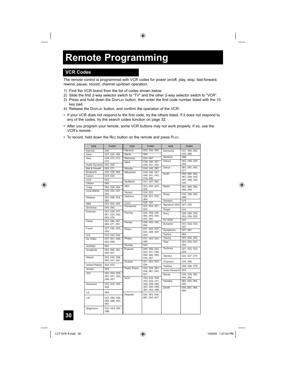 Vcr codes, Remote programming, Button on the remote and press p | JVC 1005TNH-II-IM User Manual | Page 30 / 96