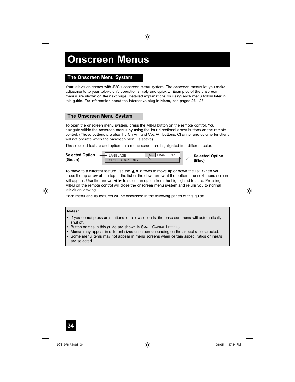 The onscreen menu system, Onscreen menus | JVC 1005TNH-II-IM User Manual | Page 34 / 96