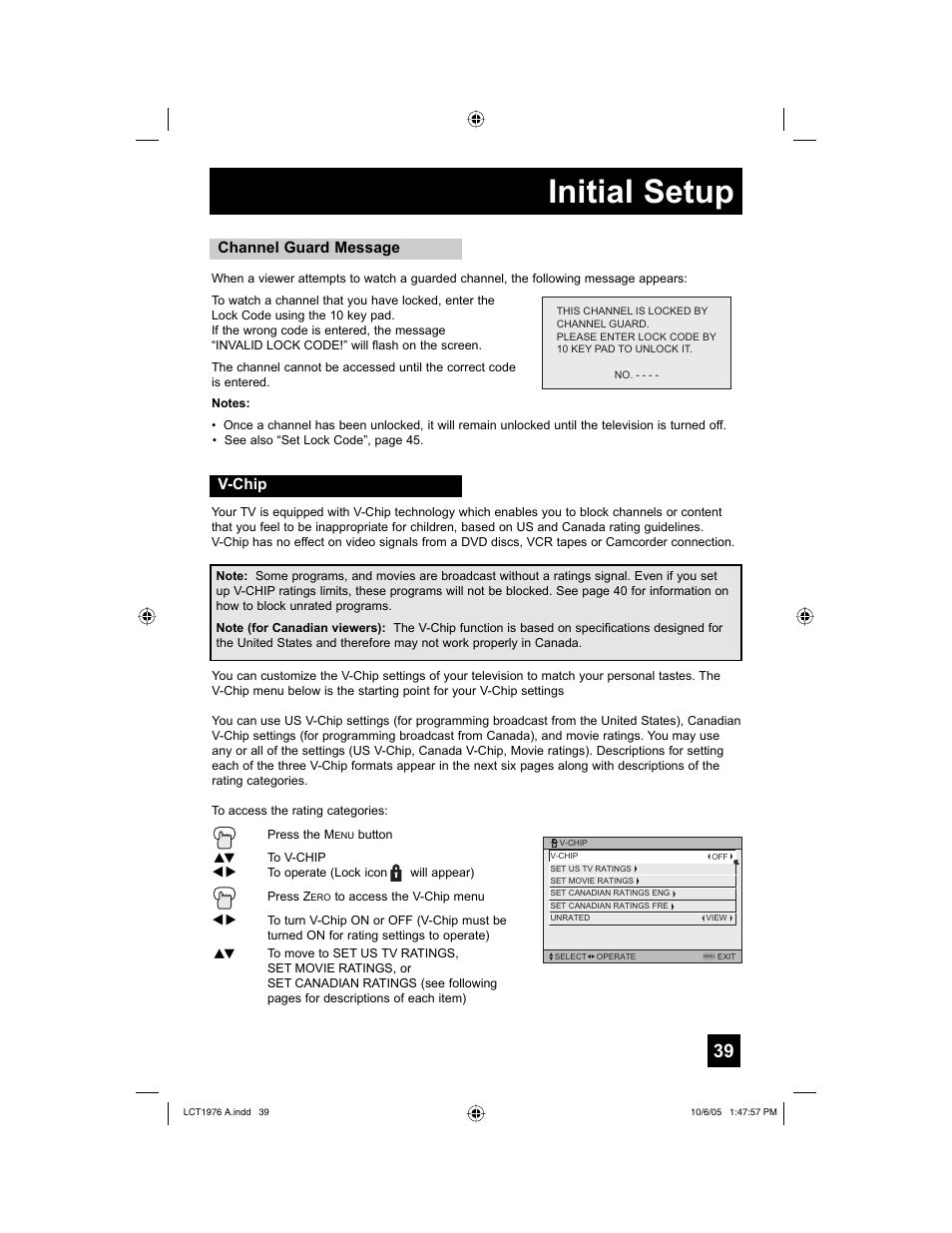 V-chip, Initial setup, Channel guard message | JVC 1005TNH-II-IM User Manual | Page 39 / 96