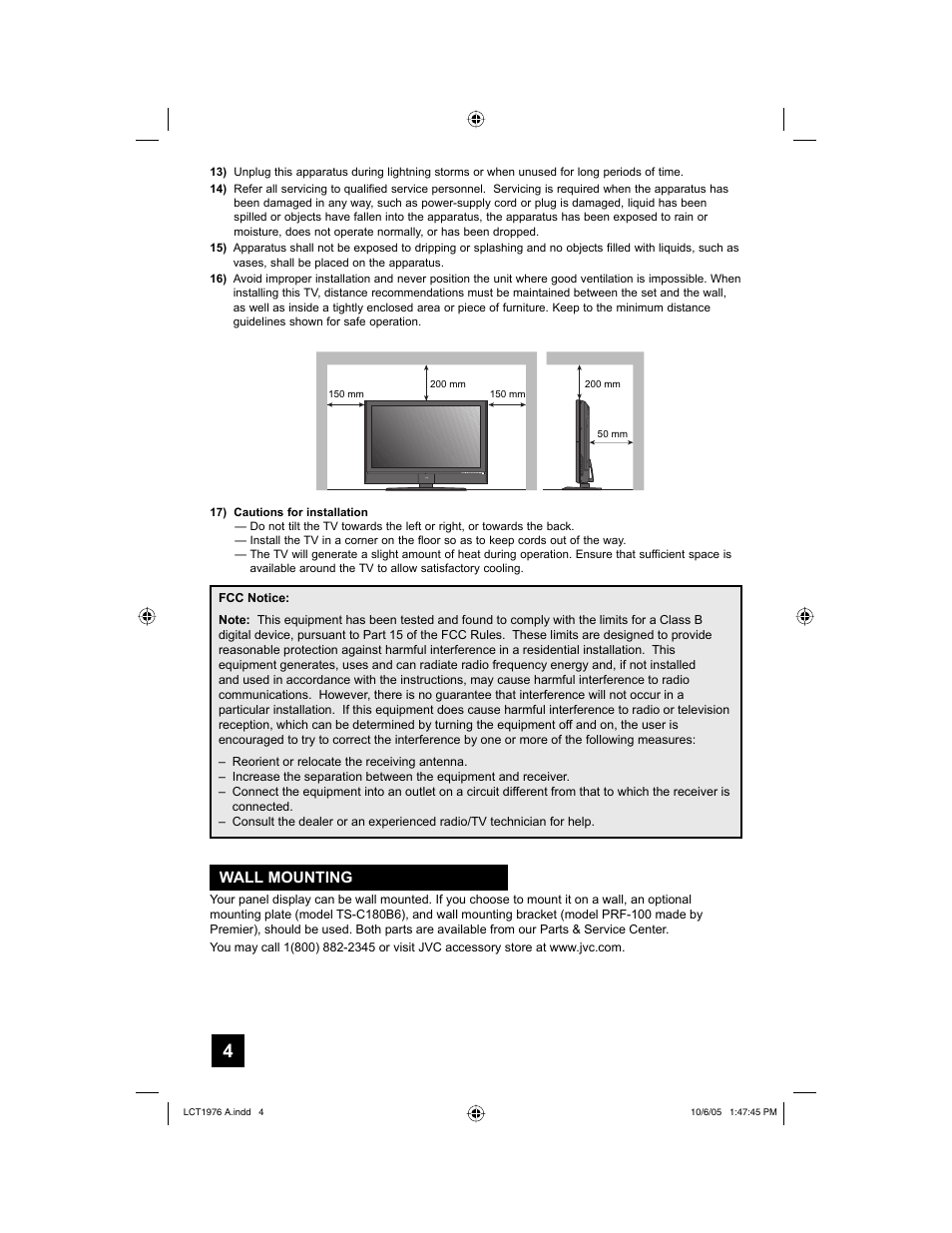 Wall mounting | JVC 1005TNH-II-IM User Manual | Page 4 / 96