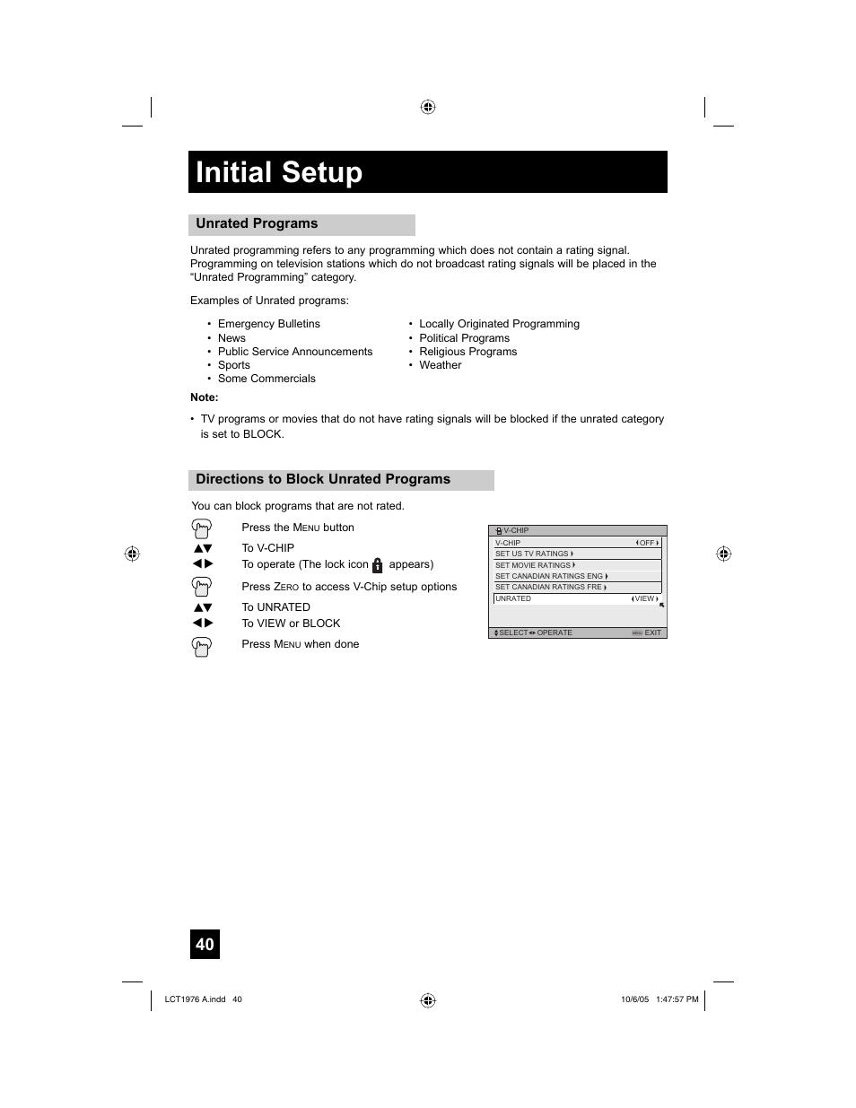 Initial setup, Directions to block unrated programs, Unrated programs | JVC 1005TNH-II-IM User Manual | Page 40 / 96