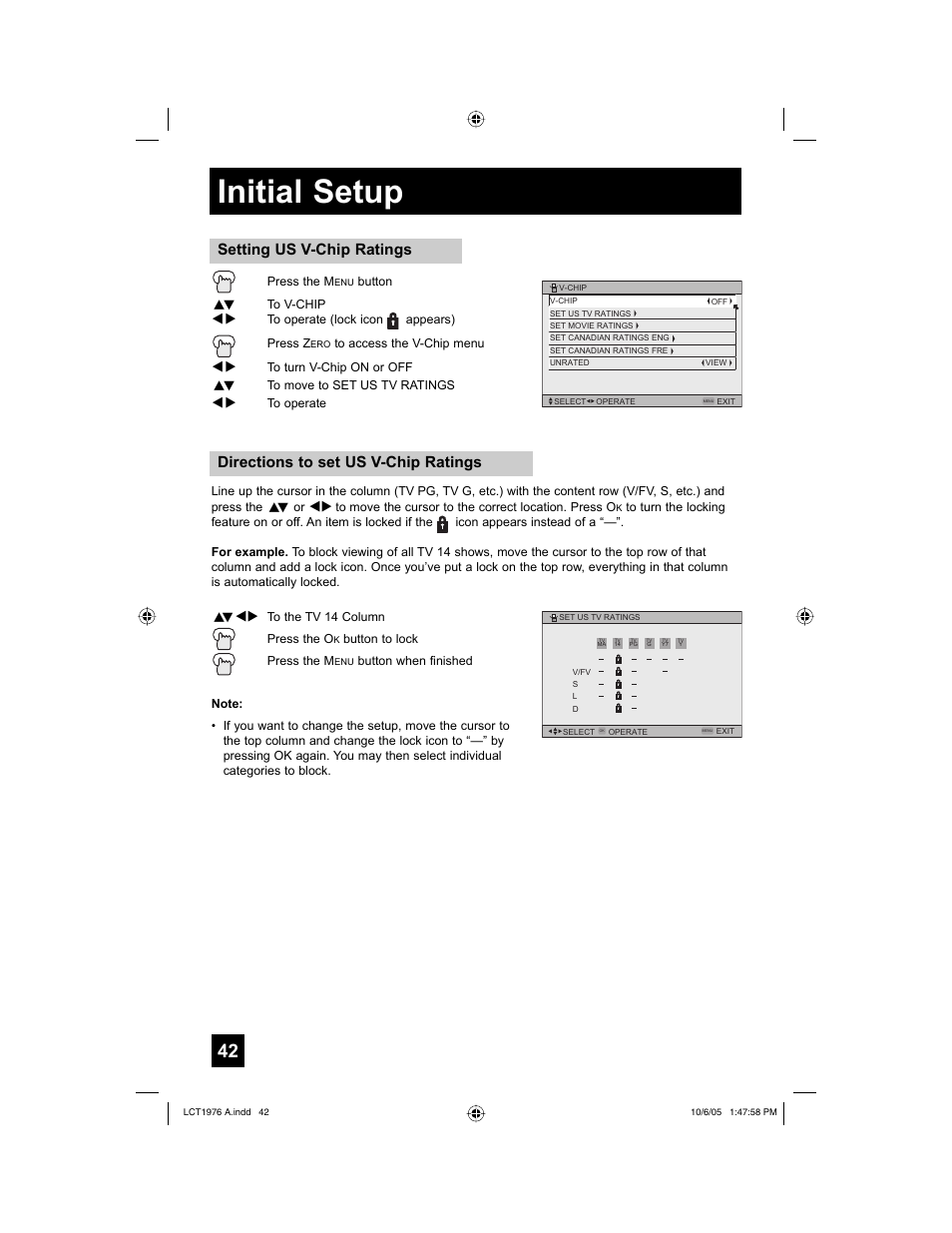 Initial setup, Directions to set us v-chip ratings, Setting us v-chip ratings | JVC 1005TNH-II-IM User Manual | Page 42 / 96