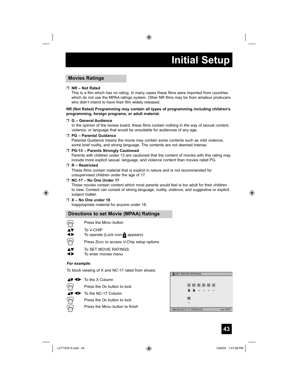 Initial setup, Movies ratings, Directions to set movie (mpaa) ratings | JVC 1005TNH-II-IM User Manual | Page 43 / 96