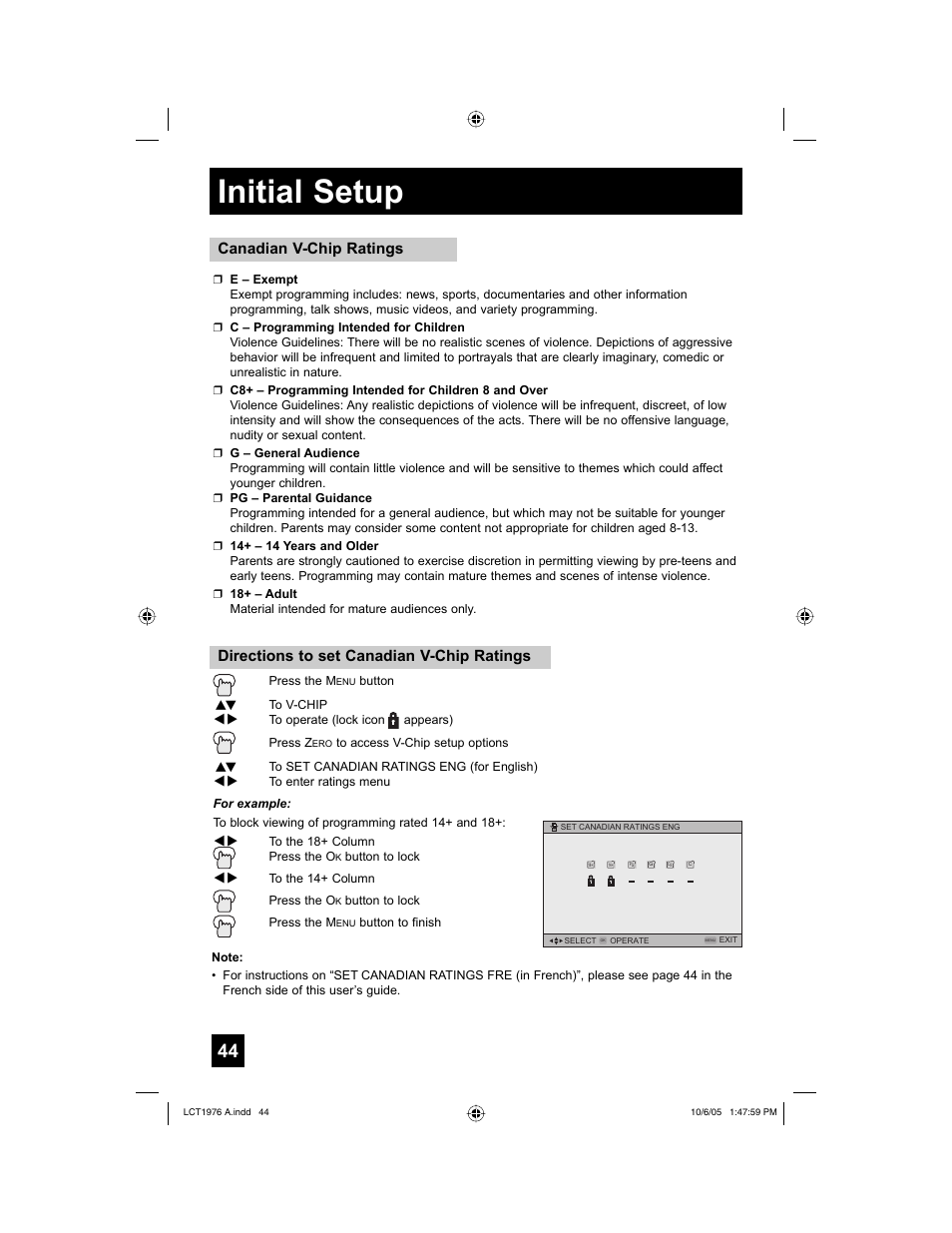 Initial setup, Directions to set canadian v-chip ratings, Canadian v-chip ratings | JVC 1005TNH-II-IM User Manual | Page 44 / 96