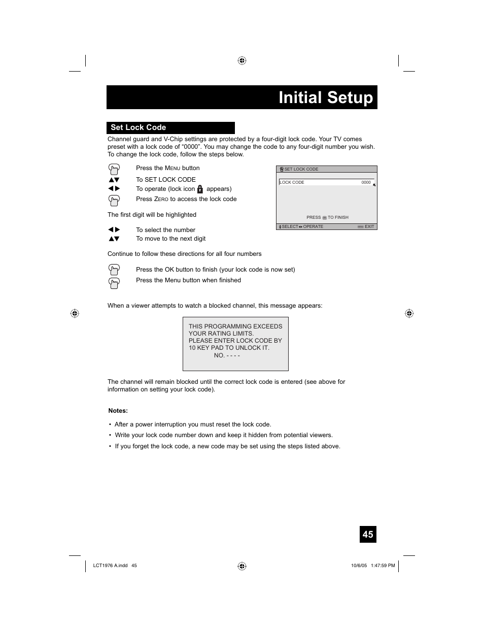 Set lock code, Initial setup | JVC 1005TNH-II-IM User Manual | Page 45 / 96