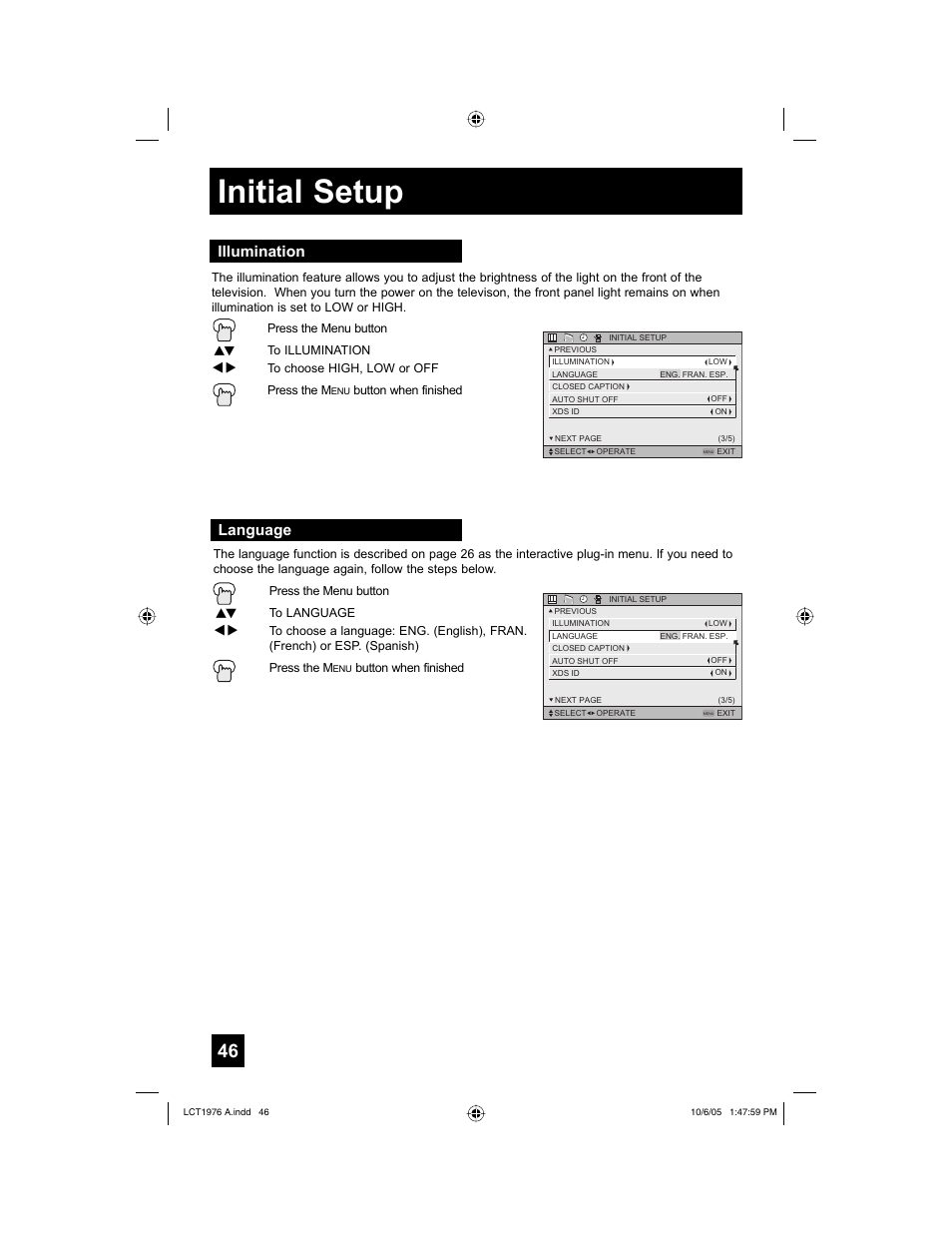 Illumination, Language, Initial setup | JVC 1005TNH-II-IM User Manual | Page 46 / 96