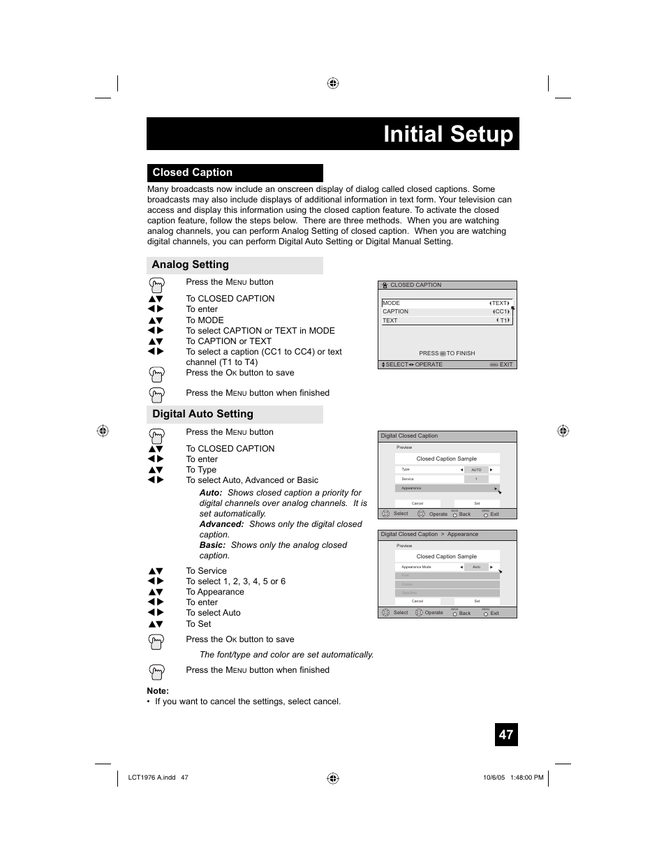 Closed caption, Initial setup, Closed caption analog setting digital auto setting | JVC 1005TNH-II-IM User Manual | Page 47 / 96