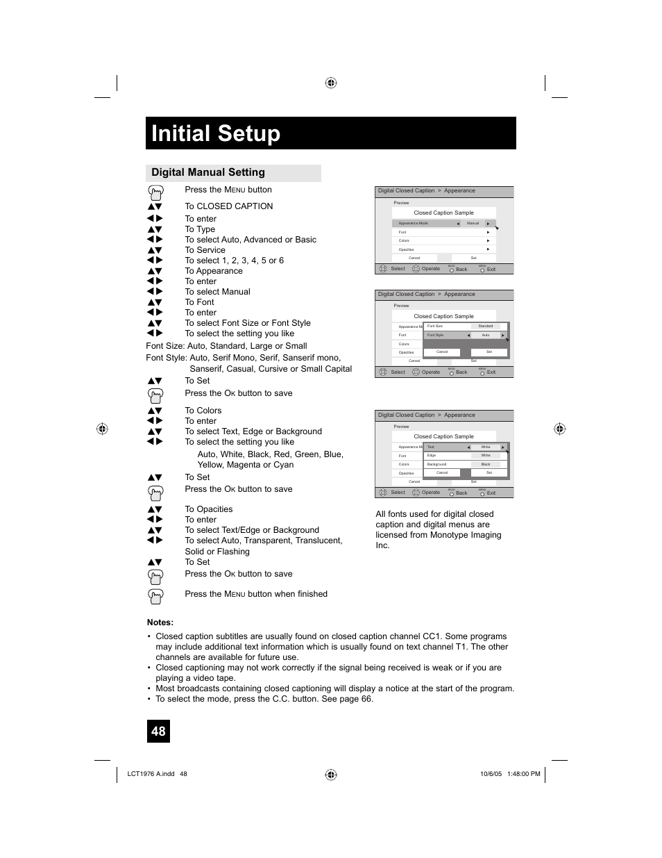 Initial setup, Digital manual setting | JVC 1005TNH-II-IM User Manual | Page 48 / 96