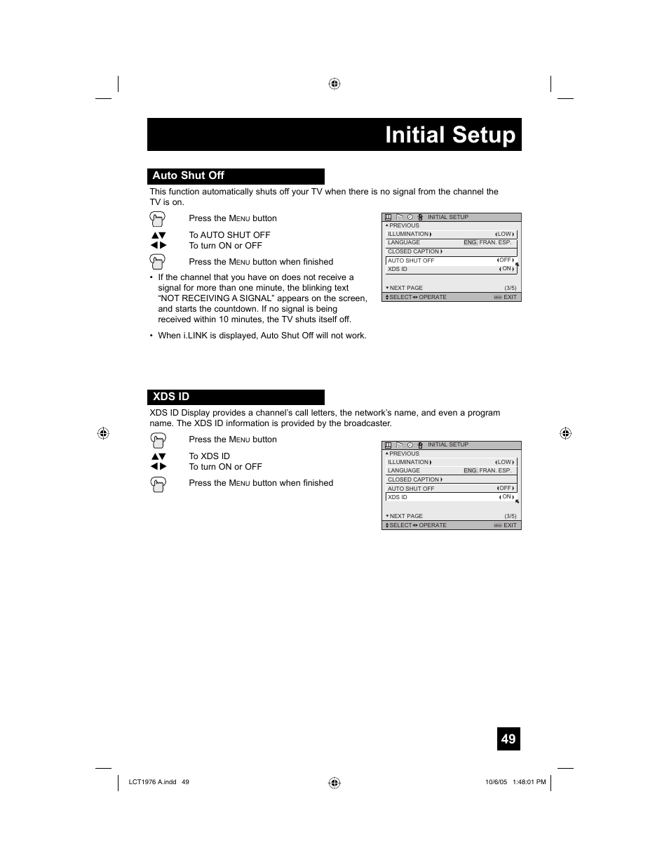 Auto shut off, Xds id, Initial setup | JVC 1005TNH-II-IM User Manual | Page 49 / 96