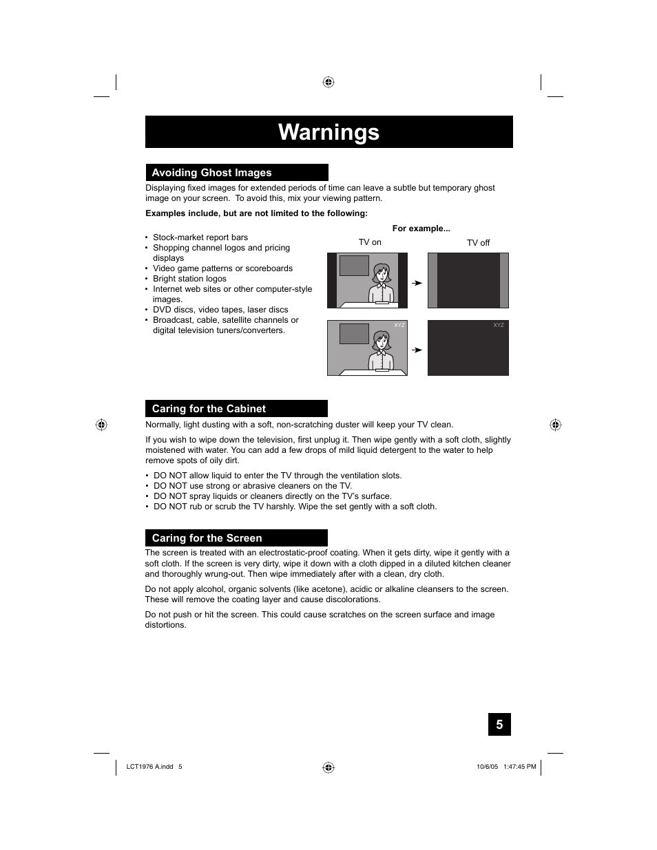 Warnings, Avoiding ghost images, Caring for the cabinet | Caring for the screen | JVC 1005TNH-II-IM User Manual | Page 5 / 96