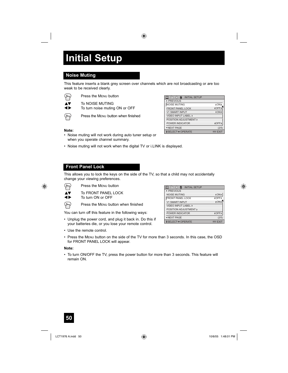 Noise muting, Front panel lock, Initial setup | JVC 1005TNH-II-IM User Manual | Page 50 / 96