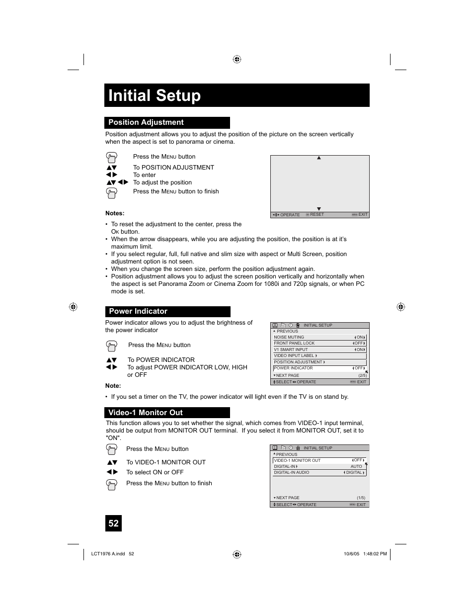 Position adjustment, Power indicator, Video-1 monitor out | Initial setup | JVC 1005TNH-II-IM User Manual | Page 52 / 96