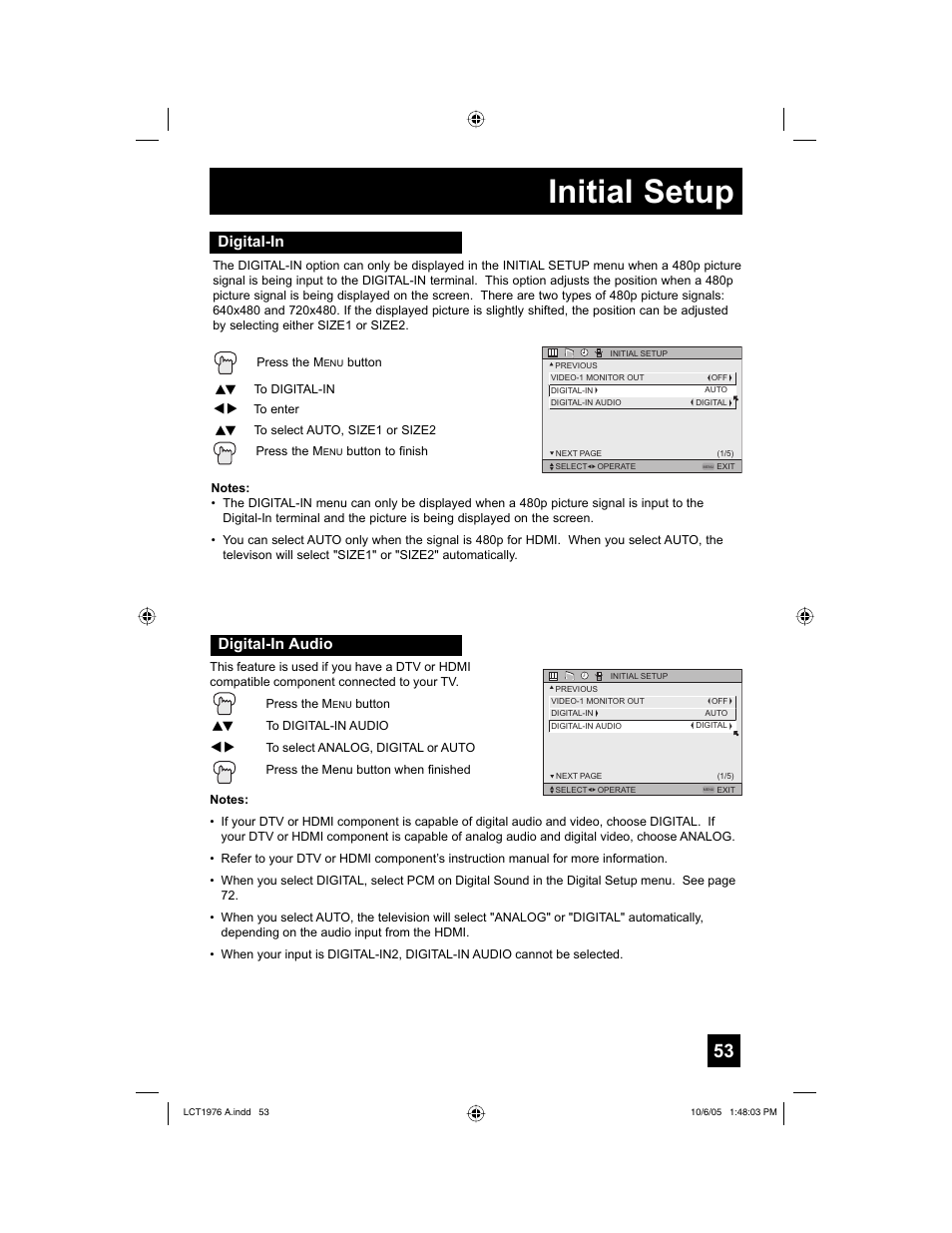 Digital-in, Digital-in audio, Initial setup | JVC 1005TNH-II-IM User Manual | Page 53 / 96