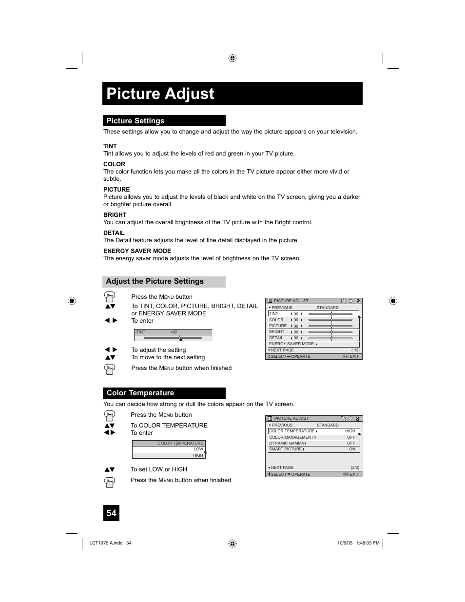 Picture adjust, Picture settings, Color temperature | JVC 1005TNH-II-IM User Manual | Page 54 / 96