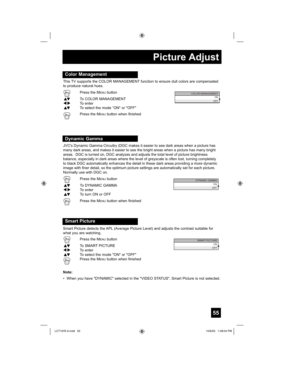 Color management, Dynamic gamma, Smart picture | Picture adjust | JVC 1005TNH-II-IM User Manual | Page 55 / 96