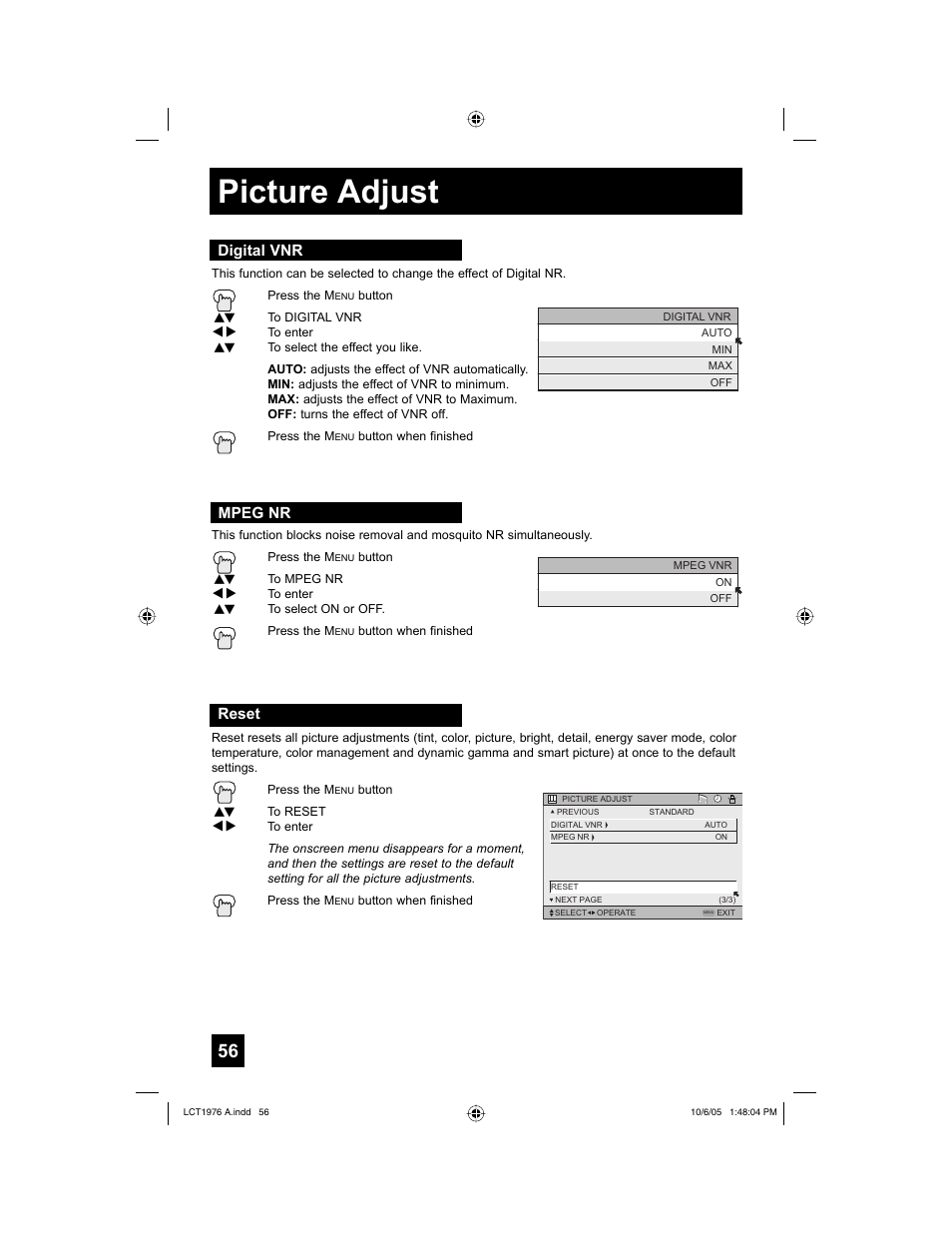 Digital vnr, Mpeg nr, Reset | Picture adjust, Digital vnr mpeg nr | JVC 1005TNH-II-IM User Manual | Page 56 / 96