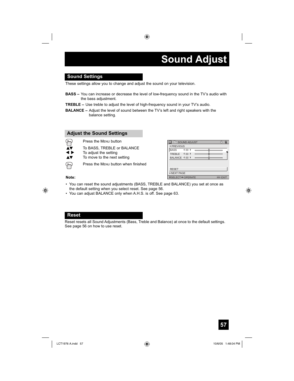 Sound adjust, Sound settings, Reset | JVC 1005TNH-II-IM User Manual | Page 57 / 96