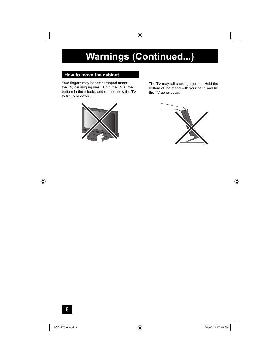 How to move the cabinet, Warnings (continued...) | JVC 1005TNH-II-IM User Manual | Page 6 / 96
