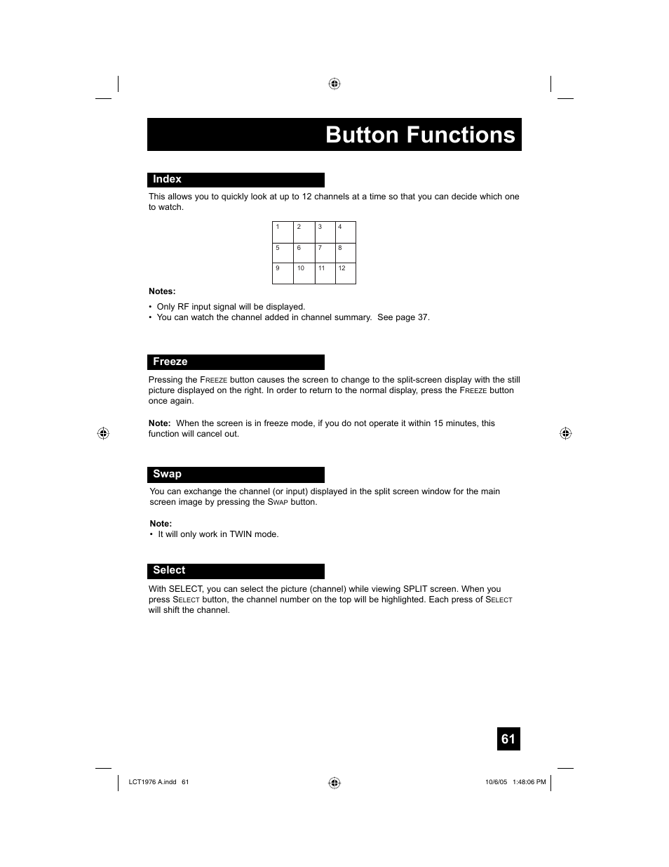 Index, Freeze, Swap | Select, Button functions, Freeze swap | JVC 1005TNH-II-IM User Manual | Page 61 / 96