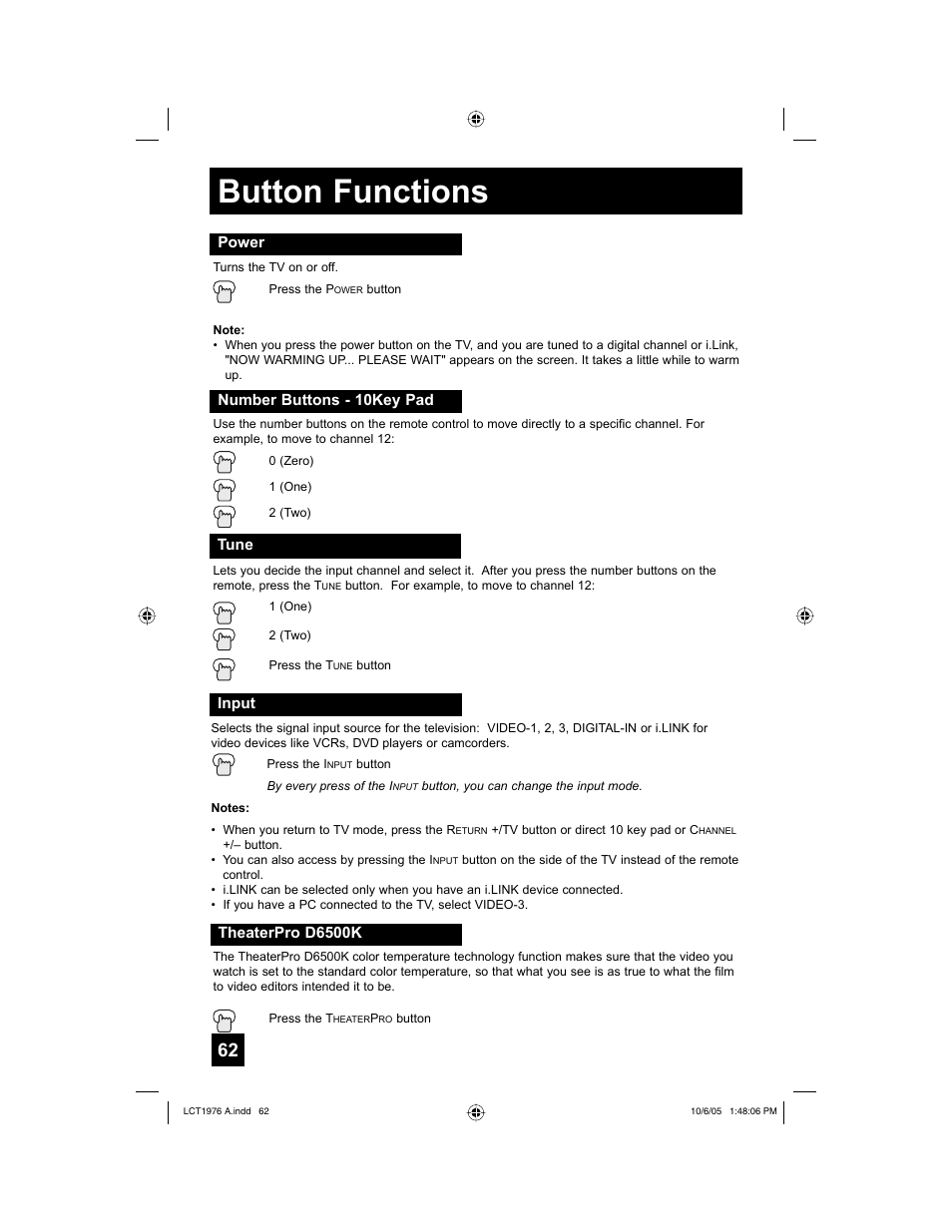 Power, Number buttons - 10key pad, Tune | Input, Theaterpro d6500k, Button functions | JVC 1005TNH-II-IM User Manual | Page 62 / 96