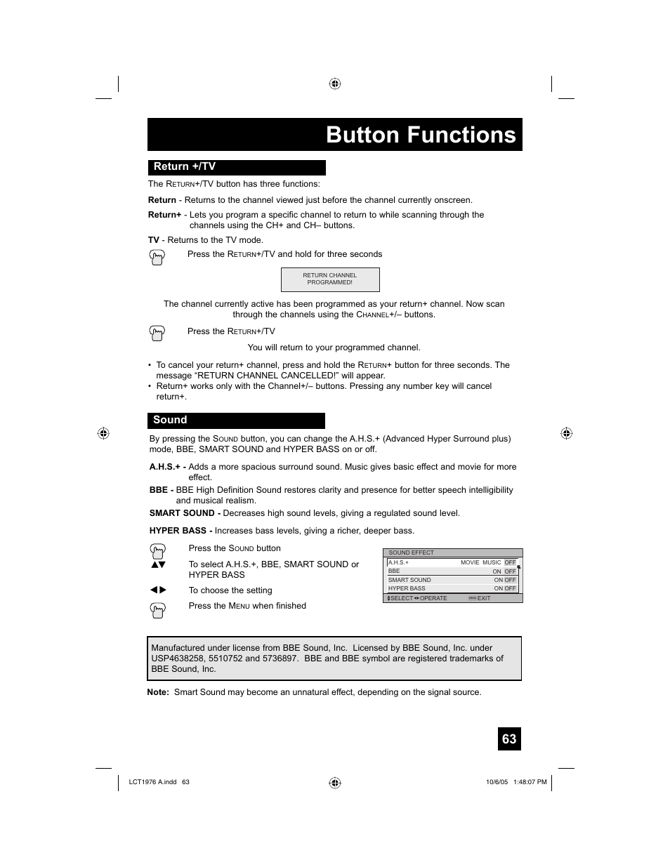 Return +/tv, Sound, Button functions | JVC 1005TNH-II-IM User Manual | Page 63 / 96