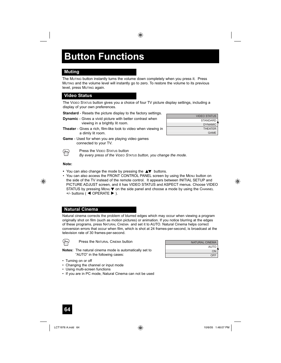 Muting, Video status, Natural cinema | Button functions | JVC 1005TNH-II-IM User Manual | Page 64 / 96