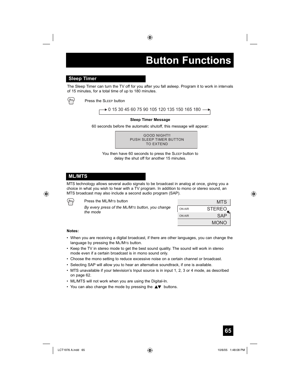 Sleep timer, Ml/mts, Button functions | JVC 1005TNH-II-IM User Manual | Page 65 / 96