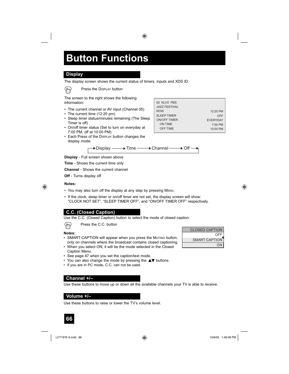 Display, C.c. (closed caption), Channel | Volume, Button functions | JVC 1005TNH-II-IM User Manual | Page 66 / 96