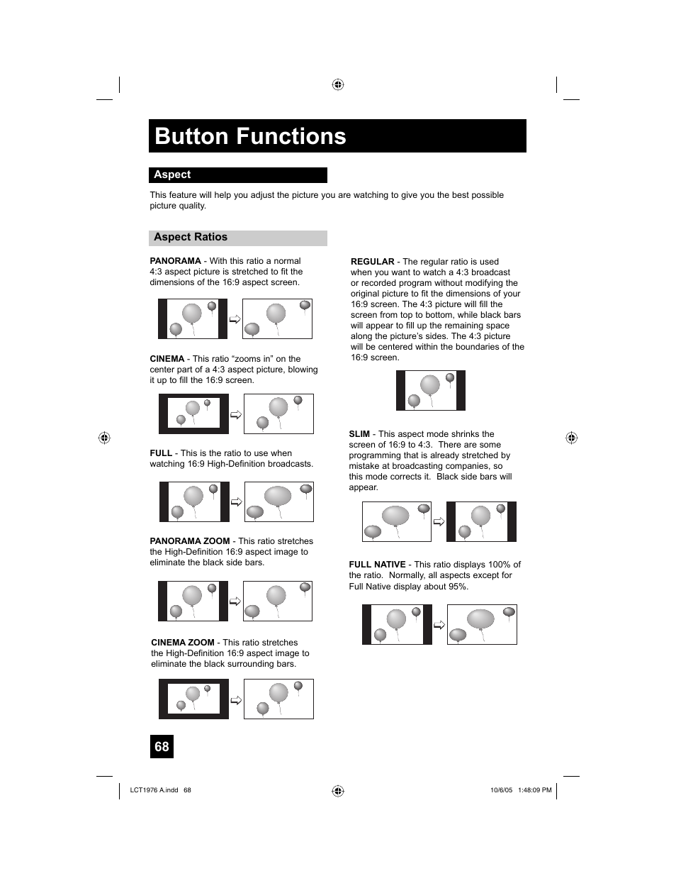 Aspect, Button functions | JVC 1005TNH-II-IM User Manual | Page 68 / 96